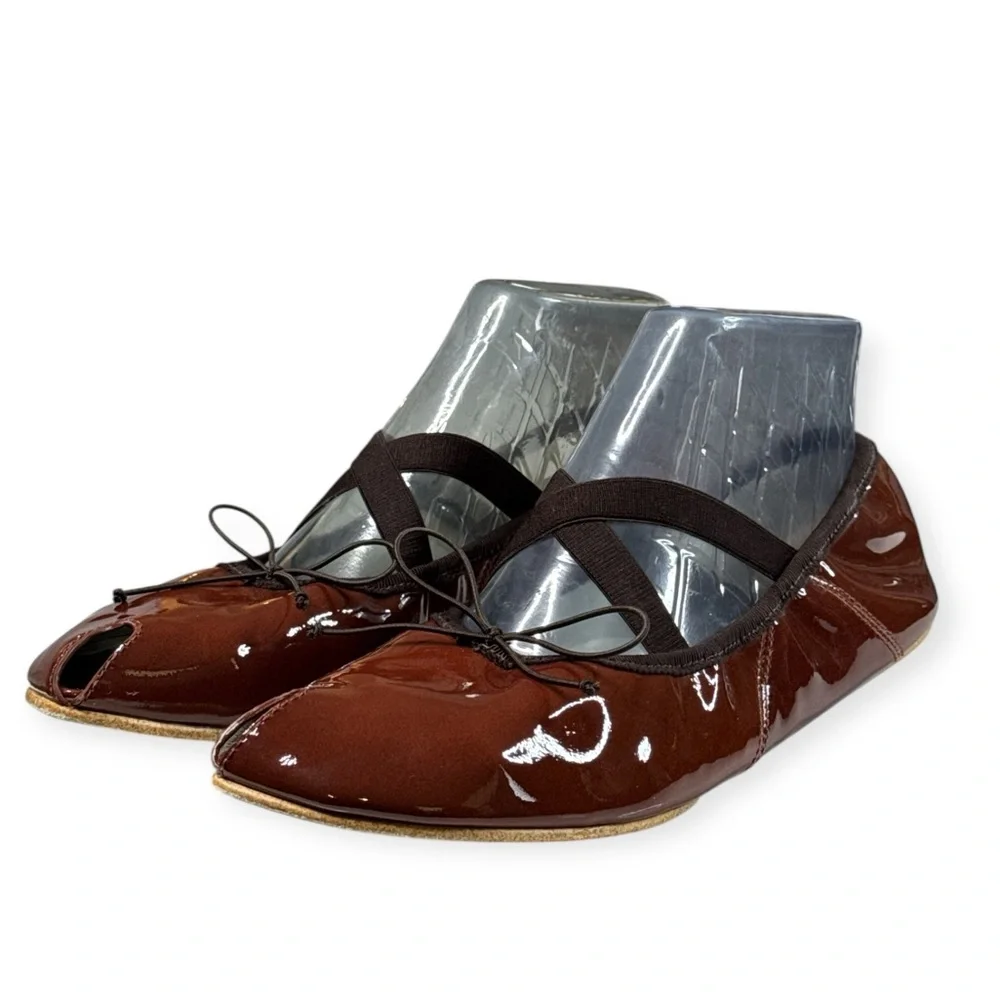 TORY BURCH SUBLIME PEEP TOE MARY JANE BALLET FLATS RUSSET BROWN SIZE 9.5 W/BOX